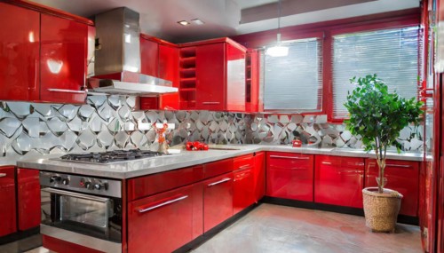 KI generated, A new red fitted kitchen has just been installed