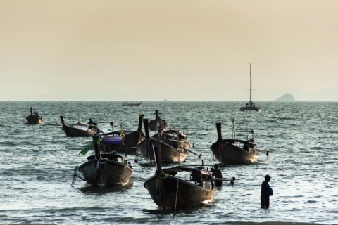 Longtail boats in the evening sun, wooden boat, boat, fisherman, fishing boat, water taxis, ferry