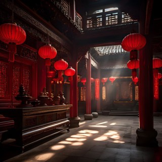 Shaolin temple interior with red lanterns, AI generated