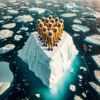 Aerial view of group people wearing yellow winter garment standing on a large block of ice in the