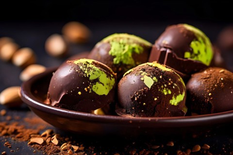 Vegan dark chocolate and almond truffles cocoa powder dusting nestled in crushed pistachios, AI