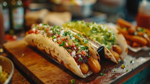 Two hot dogs topped with guacamole and pico de gallo on a rustic wooden board, ai generated, AI