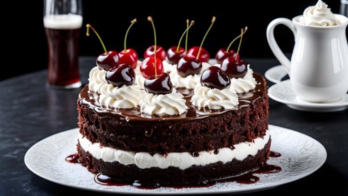 Black Forest gateau on a porcelain plate, AI generated, AI generated