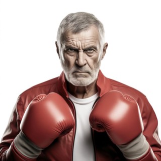 An older man with boxing gloves looks confidently and resolutely into the camera, symbolic image