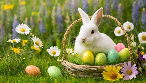 Ai generated, An Easter basket with coloured eggs in a meadow with colourful flowers, in the basket
