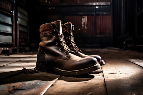 Well worn leather boots creased and scuffed narrative of adventure standing on expansive floor, AI