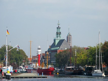 Boats, ships, town hall, Emden harbour, East Frisia, Germany, Europe