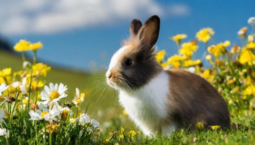 KI generated, A colourful dwarf rabbit in a meadow with white and yellow flowers, spring, side