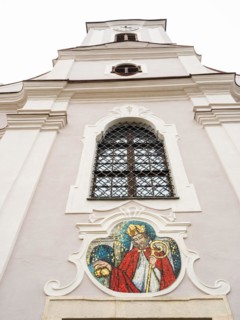 Church tower, mosaic on the church facade, St Nicholas, Roman Catholic parish church of St