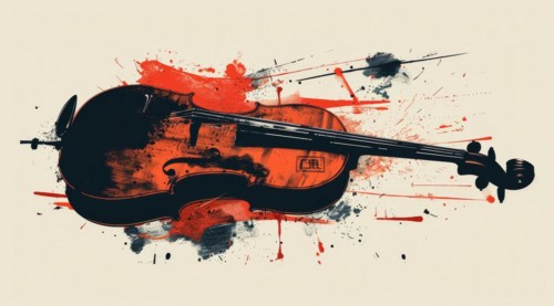 Violin with splatter paint effect in red and black tones on a white background, ai generated, AI