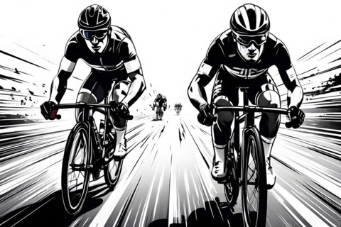 Line art black and white cyclist in velodrome, AI generated