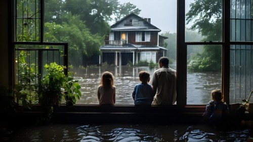 Family in partially submerged house from floodwater, AI generated
