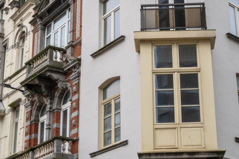 View of an old building with beige facade and balcony, Blankenberge, Flanders, Belgium, Europe