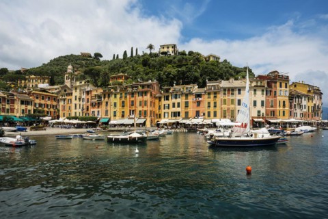 Village with colourful houses and harbour by the sea, Portofino, Province of Genoa, Liguria, Italy,