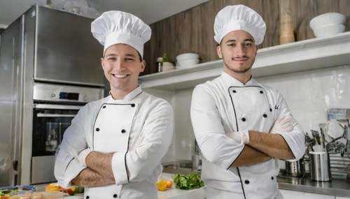 AI generated, Two attractive chefs in the kitchen of a hotel