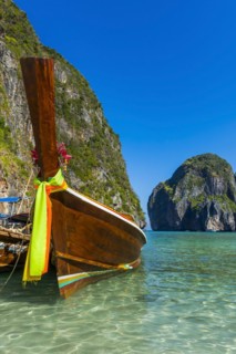Longtail boat at Maya Bay, boat, wooden boat, ferry boat, ferry, passenger ferry, decorated, faith,