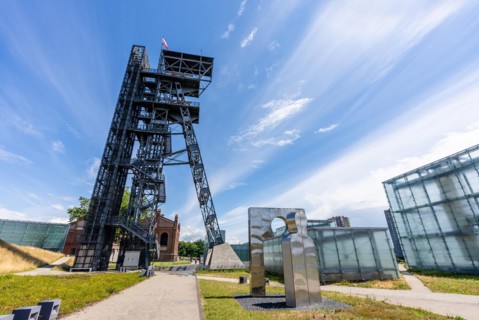View of tower shaft Warszawa II and Silesian museum, Katowice, Poland, Europe