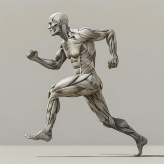 Monochrome anatomical model of a walking human with detailed view of the muscle structure, AI