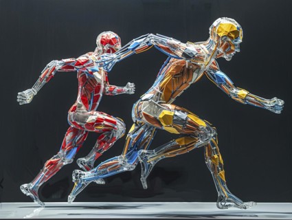 Transparent anatomical models in different colours show muscles while running, AI generated, AI