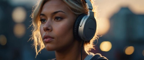 Profile of a thoughtful blonde woman with headphones against a cityscape at sunset, bokeh blurred
