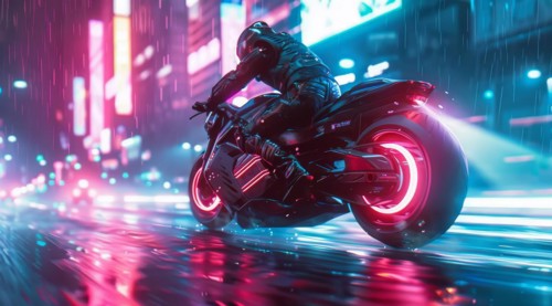 A motorcyclist braves the rain at night, speeding down a neon-illuminated wet street, ai generated,