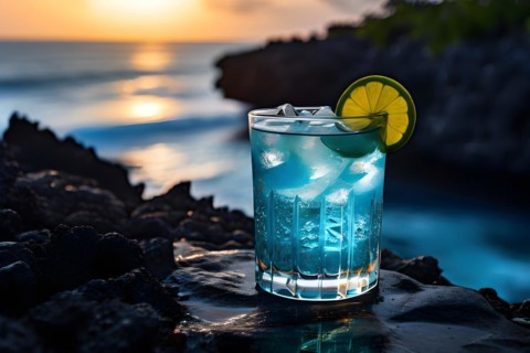 Icy blue curacao cocktail in a tall-glass perched on a cliff side bar, AI generated