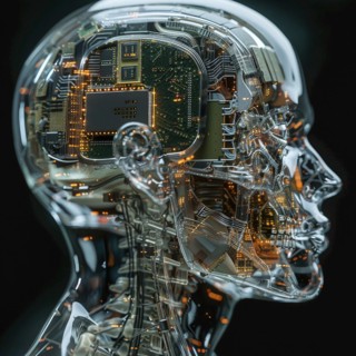 Medical a human head with brain and computer chip, symbol image KI in the human brain, ai