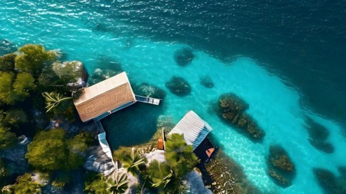 Drone view top down perspective of a minimalist cabin solitary on a secluded island, AI generated,