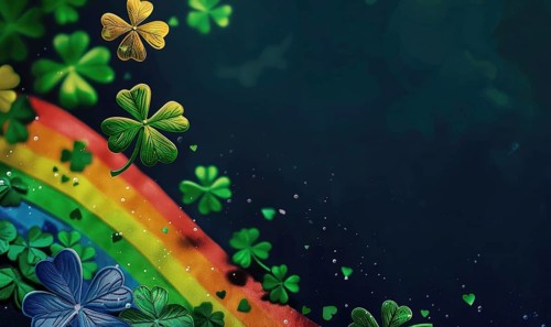 Mysterious dark background with a rainbow, clovers, and sparkling glitter AI generated