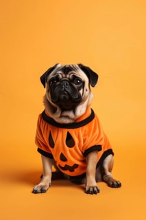 Funny pug dog in orange shirt with carved Halloween pumpkin face in front of yellow studio