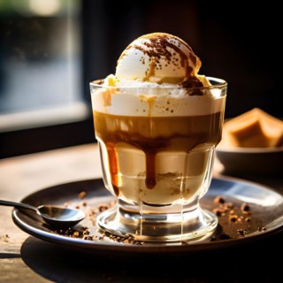 Affogato al caff featuring a scoop of vanilla bean ice cream drowned in a shot of hot espresso, AI
