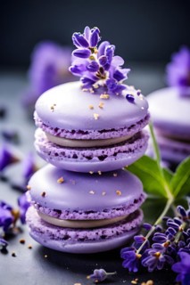 Lavender honey ice cream sandwiched between french macarons fresh lavender sprigs adornment, AI