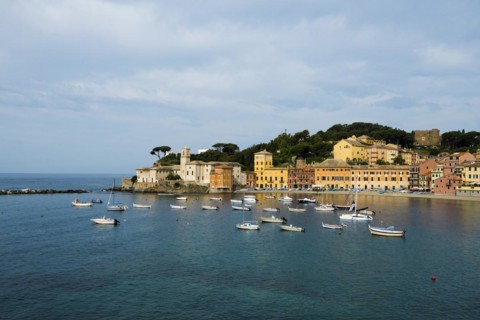 Village with beach and colourful houses by the sea, Baia del Silenzio, Sestri Levante, Province of