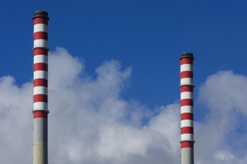 Chimney of a power plant in Sines, red, white, blue sky, power plant, energy, environment, climate,