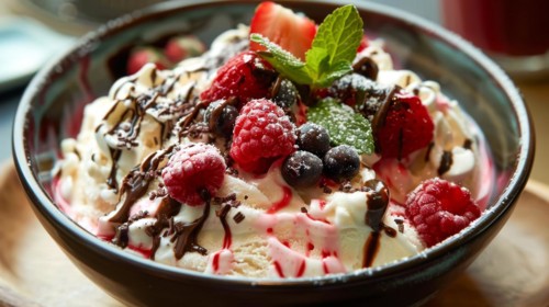 Indulgent sundae with berries, drizzled chocolate sauce, and whipped cream, ai generated, AI