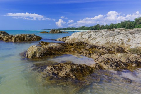 Rocky beach landscape at Silent beach in Khao lak, beach, stone beach, panorama, beach panorama,