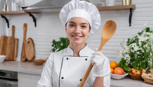 AI generated, An attractive blonde chef in the kitchen of a hotel