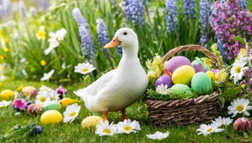 Ai generated, An Easter basket with coloured eggs in a meadow with colourful flowers, in the