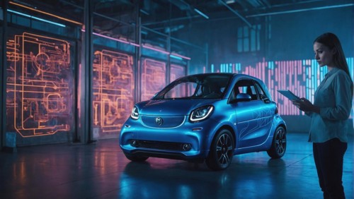 Automotive designer evaluating a compact electric city car through a holographic blueprint, women