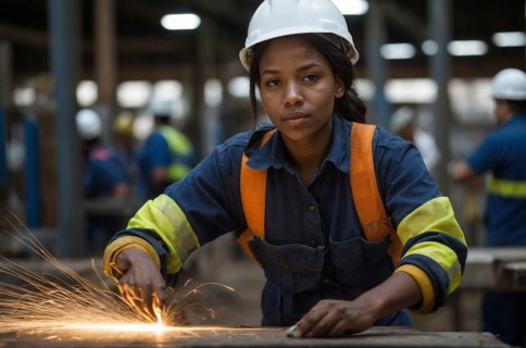 Female worker in safety gear confidently welding in an industrial environment, AI generated