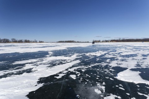 Winter, snow drifts on frozen riverscape, Saint Lawrence River, Province of Quebec, Canada, North
