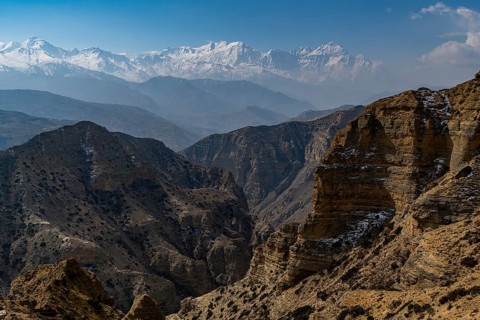 Desert landscape before the Annapurna mountain range, Kingdom of Mustang, Nepal, Asia