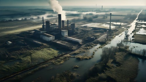 Aerial perspective captures devastated agricultural landscapes immersed in floodwaters, AI