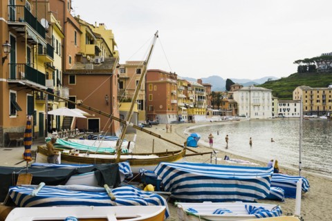 Village with beach and colourful houses by the sea, Baia del Silenzio, Sestri Levante, Province of