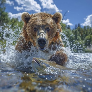 A brown bear hunts salmon in shallow clear water, AI generated