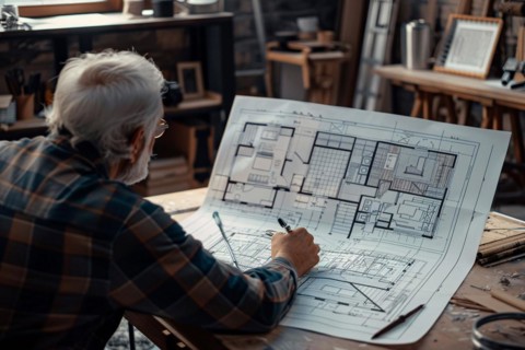 An elderly individual deeply engaged in drafting architectural plans at a desk, AI generated