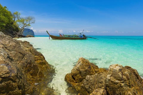 Bamboo Island, boat, wooden boat, longtail boat, bay, sea bay, sea, ocean, Andaman Sea, tropics,
