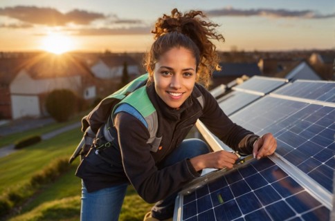 A smiling woman installing solar panels on a rooftop at sunset, women at heavy industrial