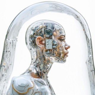 Medical a human head with brain and computer chip, symbol image KI in the human brain, ai