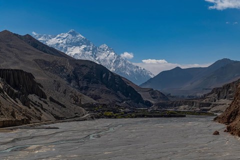 Huge riverbed before the Annapurna mountain range, Kingdom of Mustang, Nepal, Asia